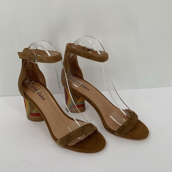Jeffrey Campbell Purdy sandals mosaic rainbow chunky heel suede tan brown 7 - Picture 2 of 6